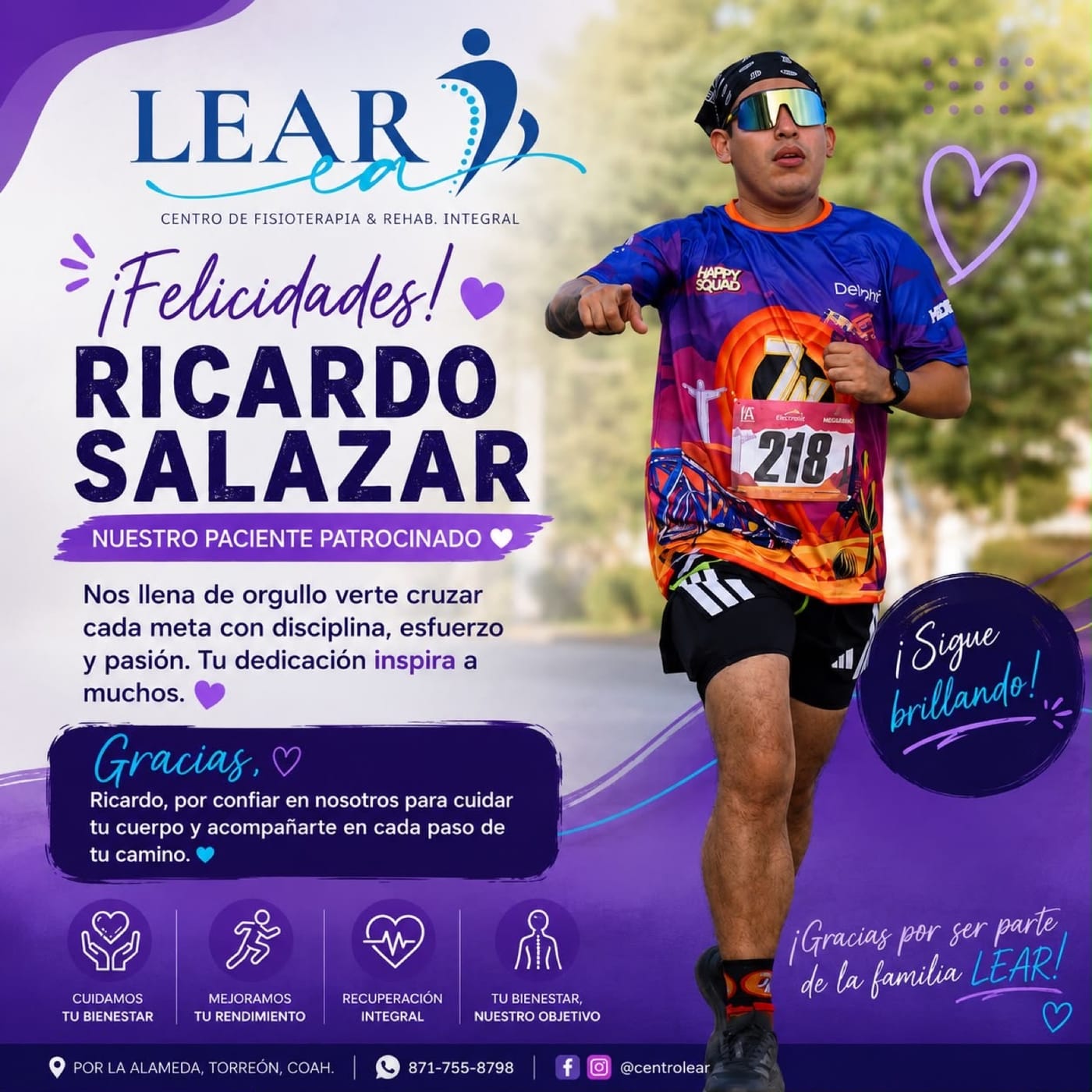 Gráfico de felicitación para Ricardo Salazar, paciente patrocinado por LEAR